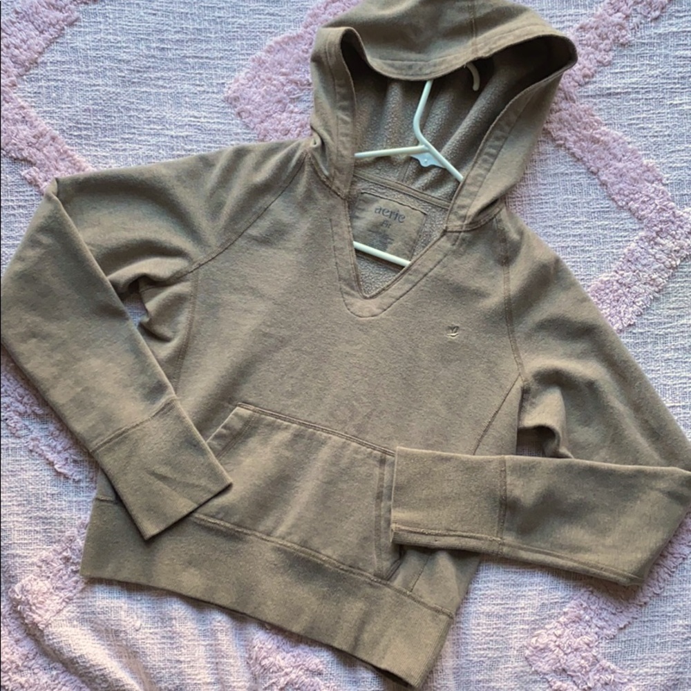 SOLD Aerie Tan V-Neck Cropped Hoodie Sweatshirt Sm